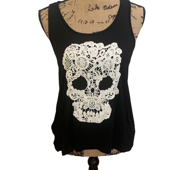 Crochet Sugar Skull Black Racerback Sleeveless Tank Top - Picture 1 of 8